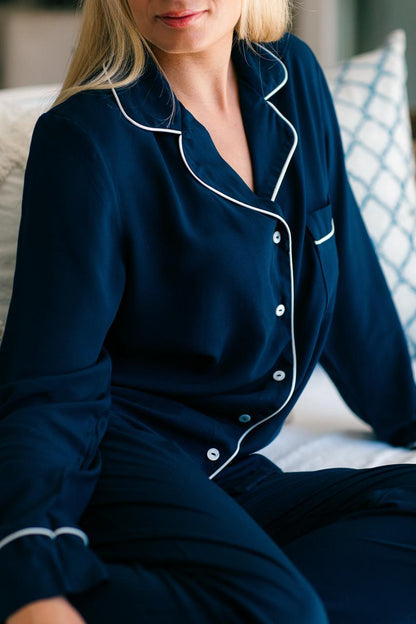 Long Sleeve Top and Long Pant | Navy with Stone Piping | 100% Rayon