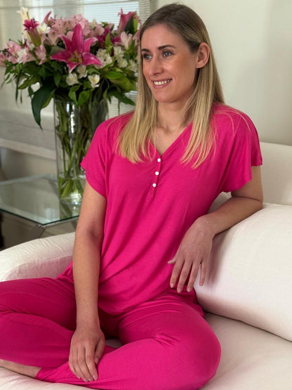 Short Sleeve Top & Cuffed Pant | Summer Pink Lounge Wear | 96% Rayon Knit & 4% Spandex