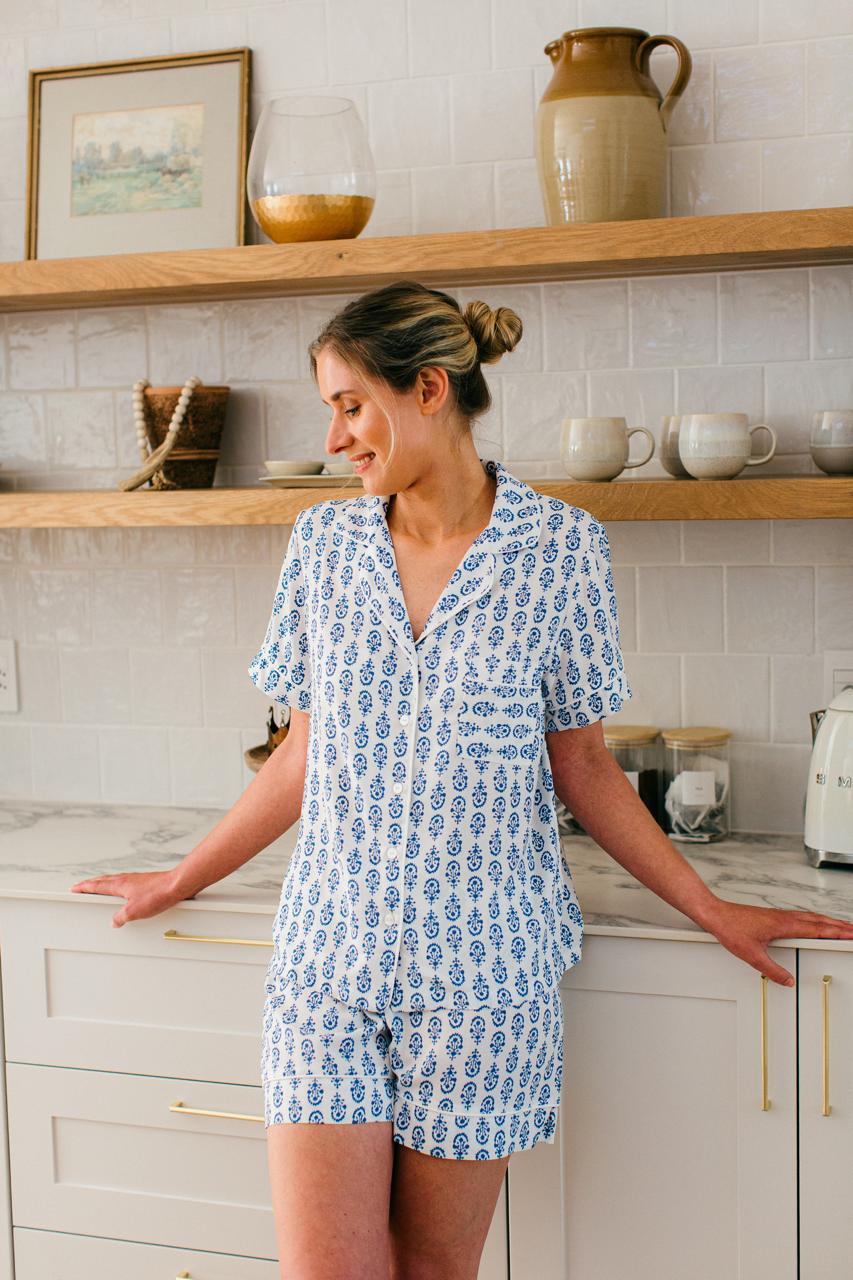 Short Set | Blooming in Blues White with Blue Block | 100% Rayon