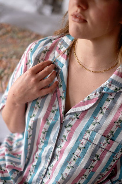 Short Sleeve Sleepshirt | Grey and Pink Floral Stripes | 100% Indian Cotton