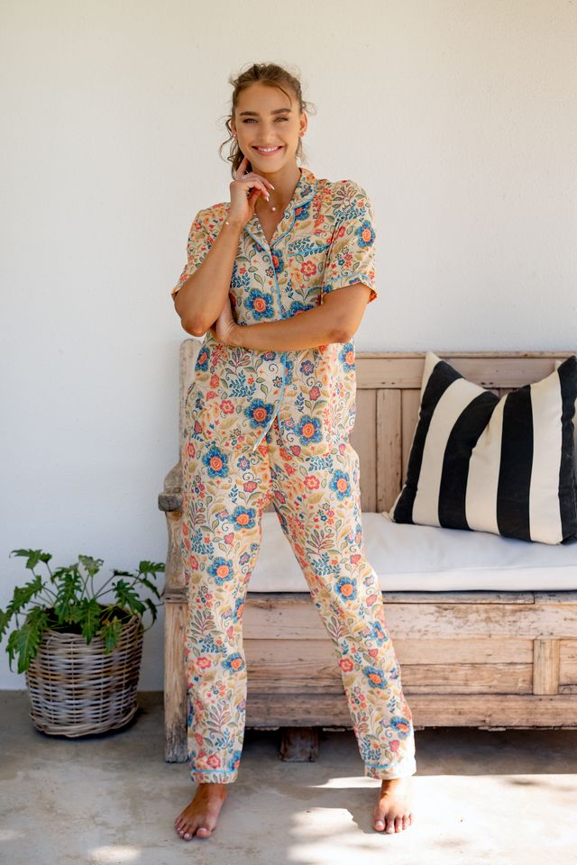 Short Sleeve Top and Long Pant | Cream Floral | 100% Indian cotton