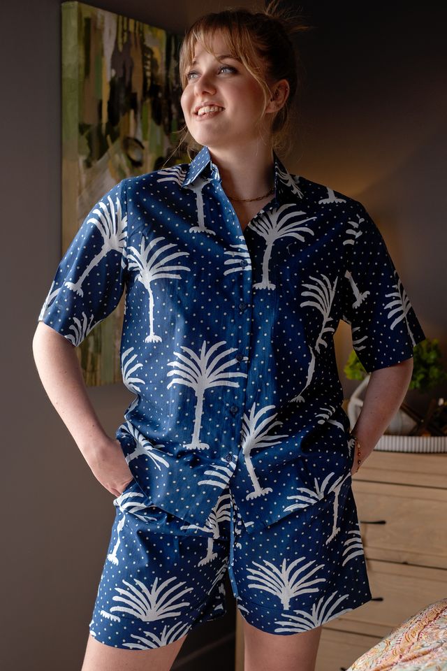 Short Sleeve Top & Pant | Navy Palms | 100% Indian Cotton