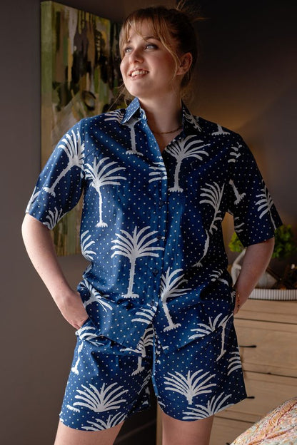 Short Sleeve Top & Pant | Navy Palms | 100% Indian Cotton