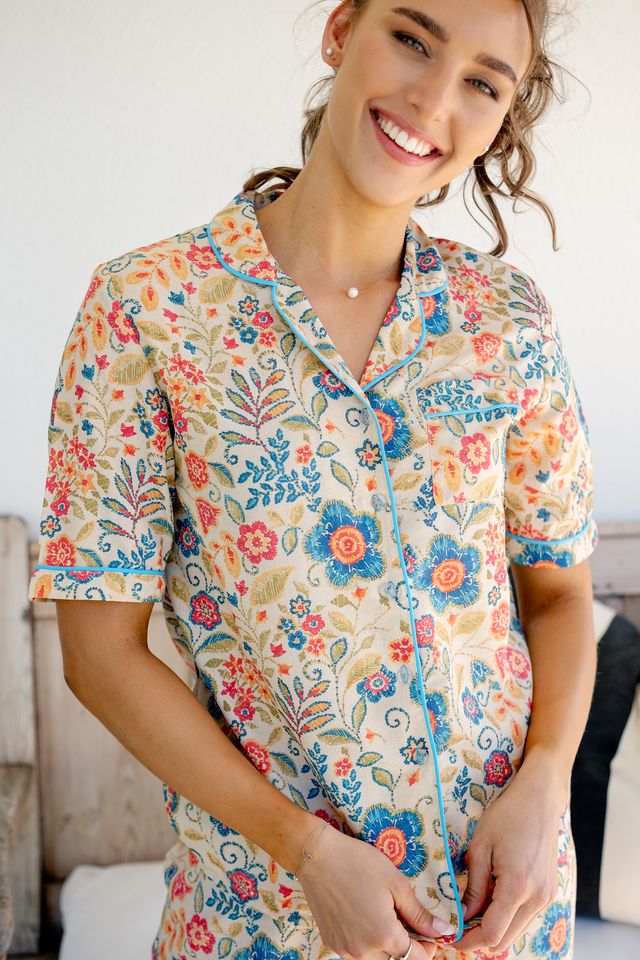 Short Sleeve Top and Long Pant | Cream Floral | 100% Indian cotton