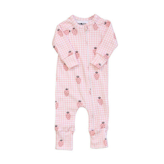 Cuff Romper with No Feet | Pink Gingham strawberry