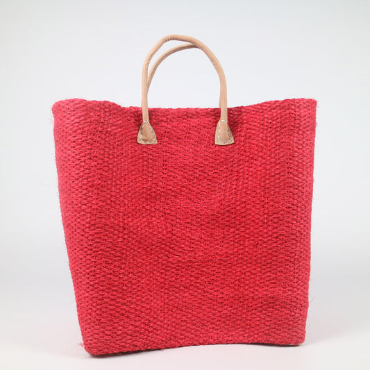 Sisal Bag With Leather Handles | Magenta Red