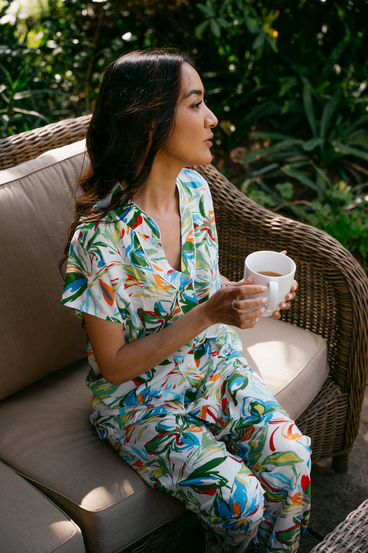 Short Sleeve Top and Long Pant | Busy Leaf | 100% Rayon