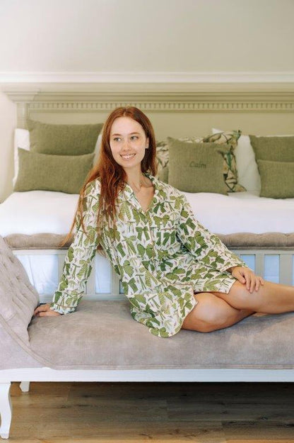 Classic  Long Sleeve Sleepshirt | Green Bows |100% Indian Cotton