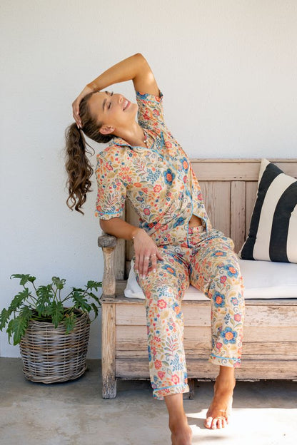 Short Sleeve Top and Long Pant | Cream Floral | 100% Indian cotton