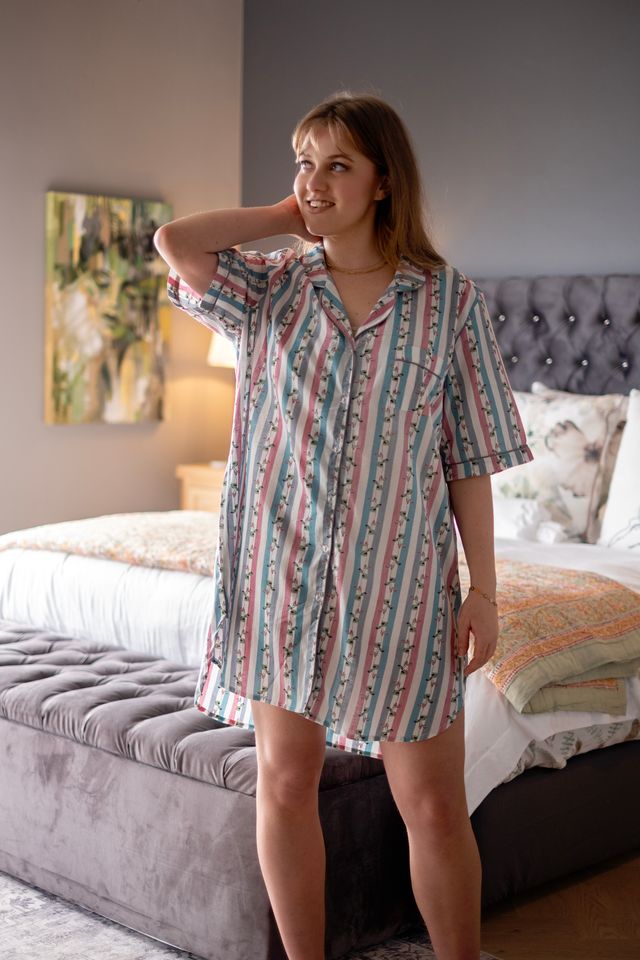Short Sleeve Sleepshirt | Grey and Pink Floral Stripes | 100% Indian Cotton