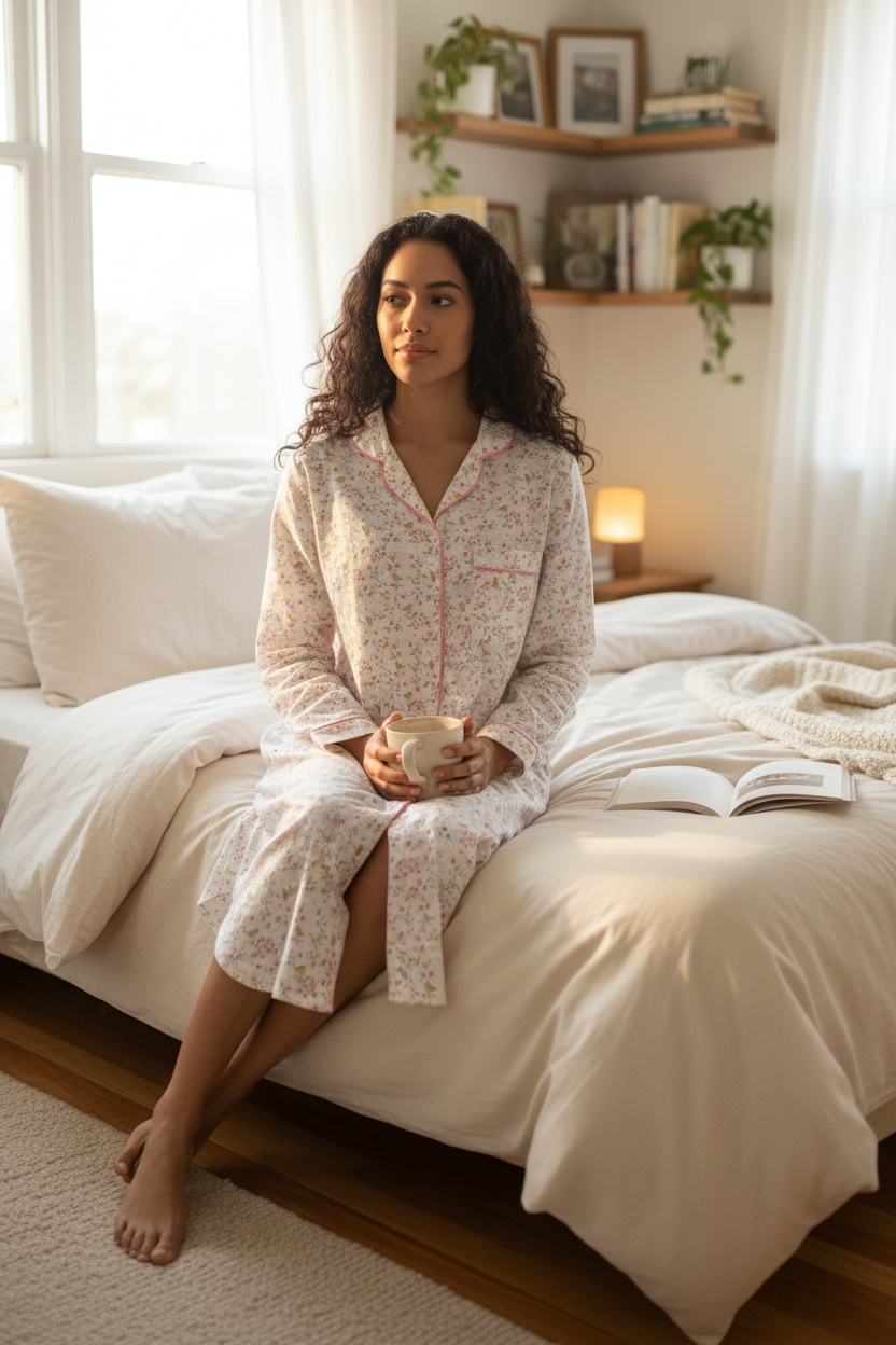 Classic Long Sleeve Sleepshirt | Hazel Bird Pink Floral| 100% Cotton Flannel