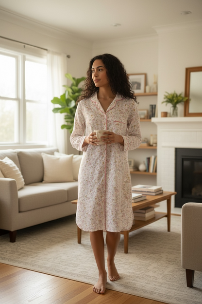Classic Long Sleeve Sleepshirt | Hazel Bird Pink Floral| 100% Cotton Flannel