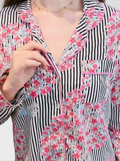 Classic Long Sleeve Sleepshirt | Pink and Grey stripes | 100% Cotton