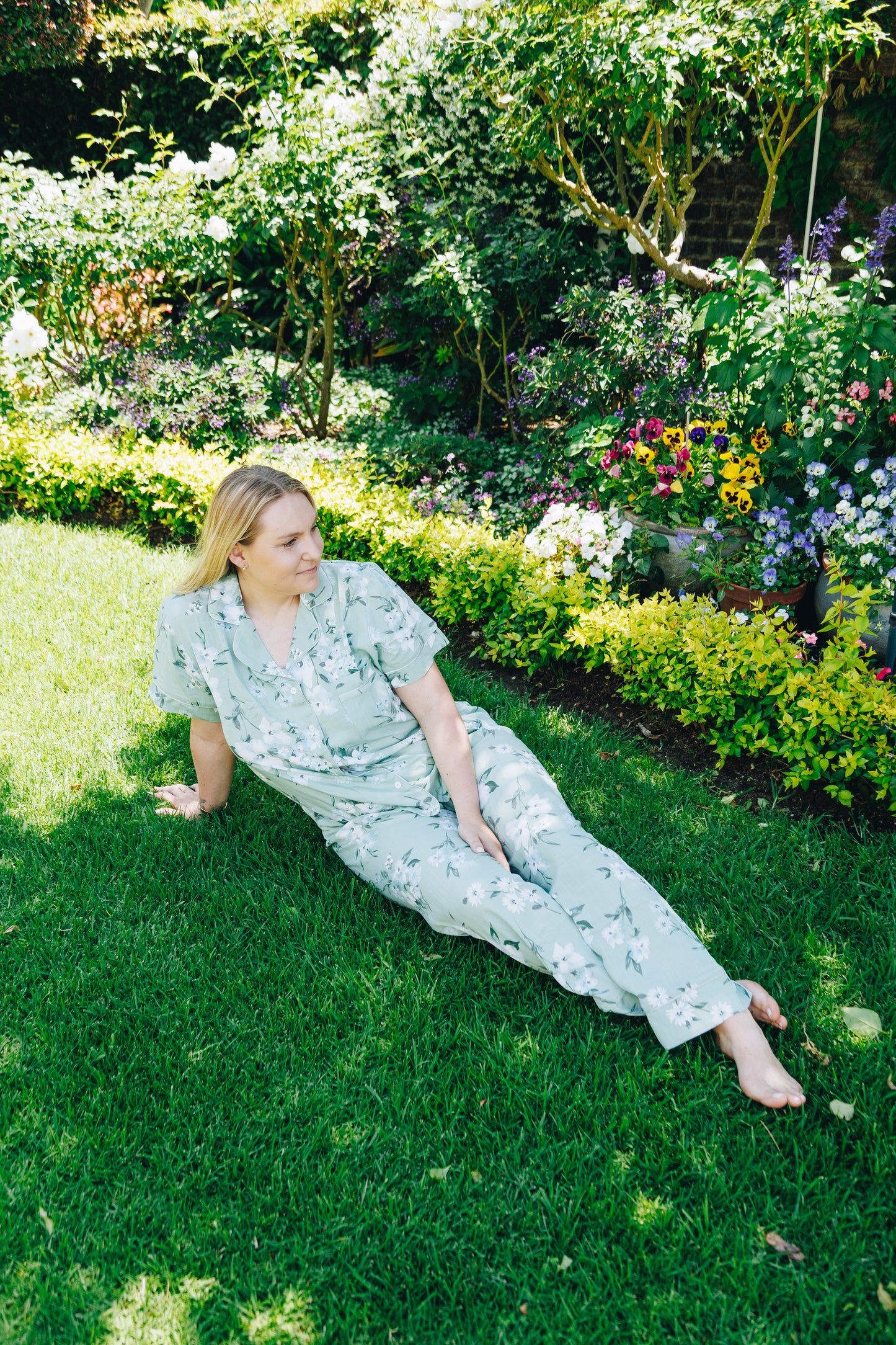 Short Sleeve Top and Ankle Length Pant | Sage Blue Floral  | 100% Rayon