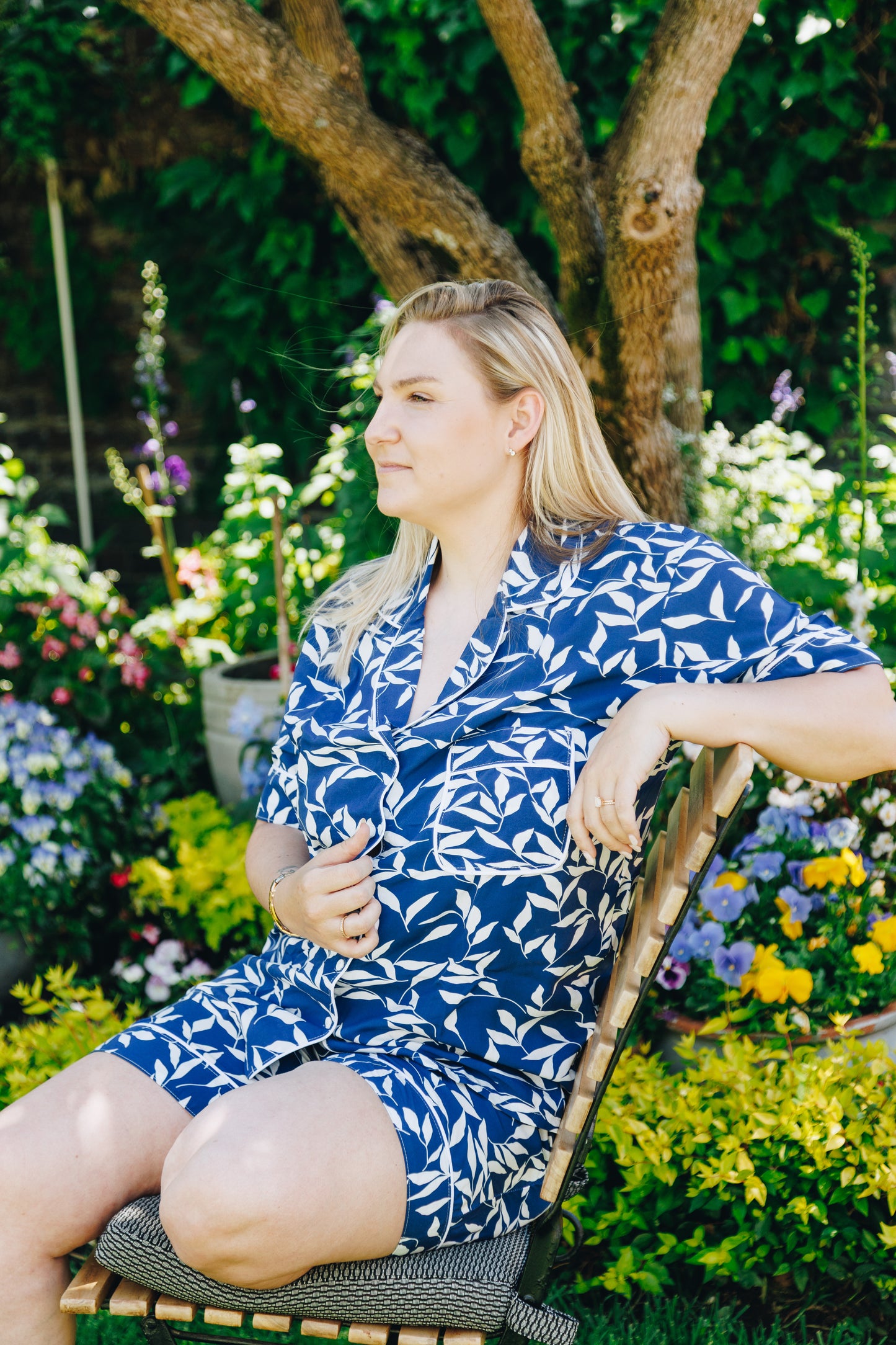 Short Set | Navy with White Leaves | 100% Rayon